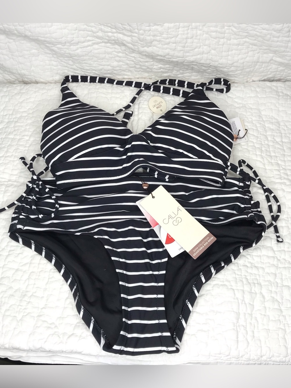 CALIA by Carrie Underwood Black and White Striped Bikini Set Sz XS
